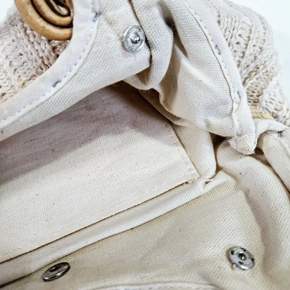 Vintage Hand Made '60s Cream Crochet Knit Boho Bamboo Handles Handbag Purse Bag